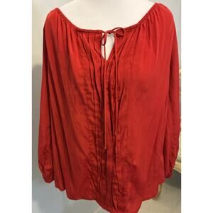 Red Peasant Boho Pleated Blouse Holiday Flowy Bell Sleeves Fairy Whimsygoth M